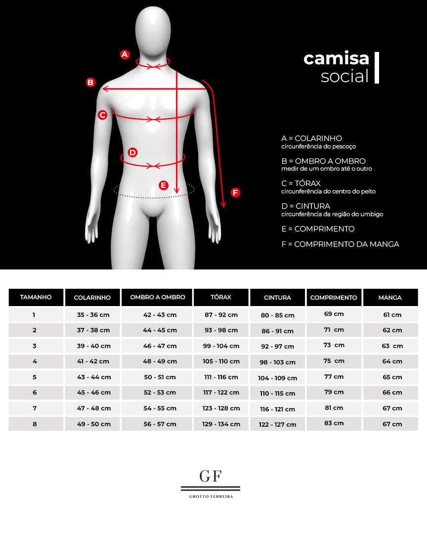 tabela de medidas camisa social Grotto Ferreira