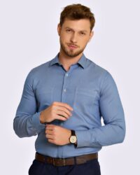 camisa jeans chambray Social Manga Longa azul índigo GF60421