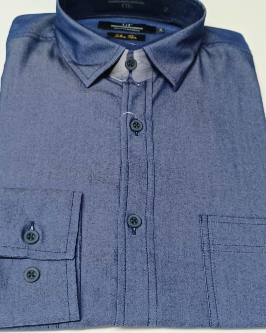 camisa jeans chambray Social Manga Longa azul índigo GF60420