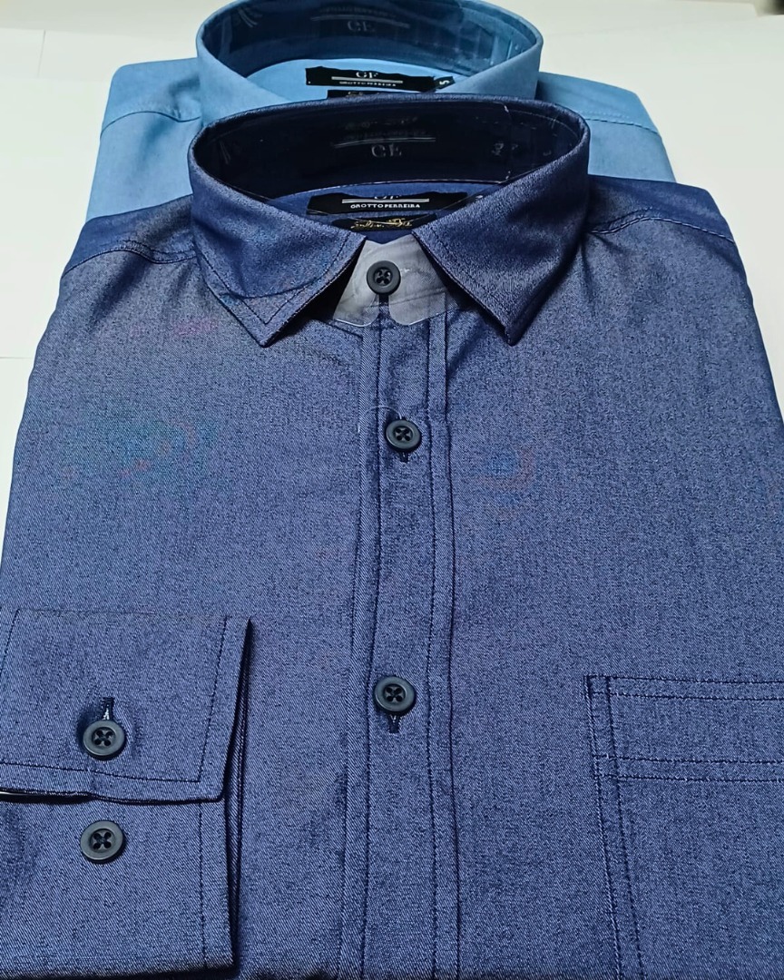 camisa jeans chambray Social Manga Longa azul índigo GF60420
