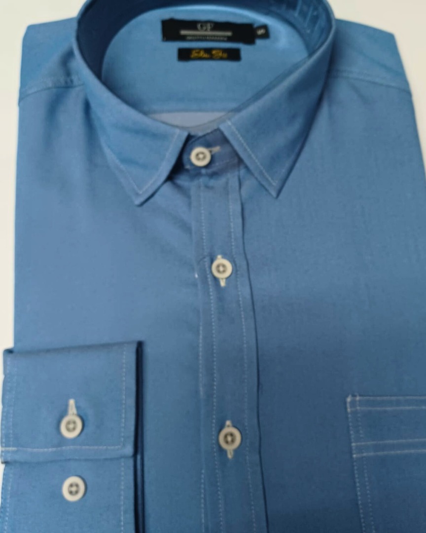 camisa jeans chambray Social Manga Longa azul ônix GF60421