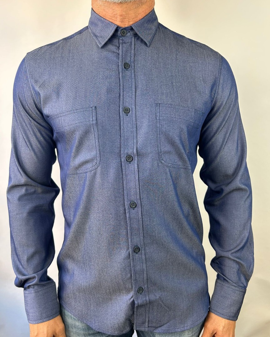 camisa jeans chambray Social Manga Longa azul índigo GF60420