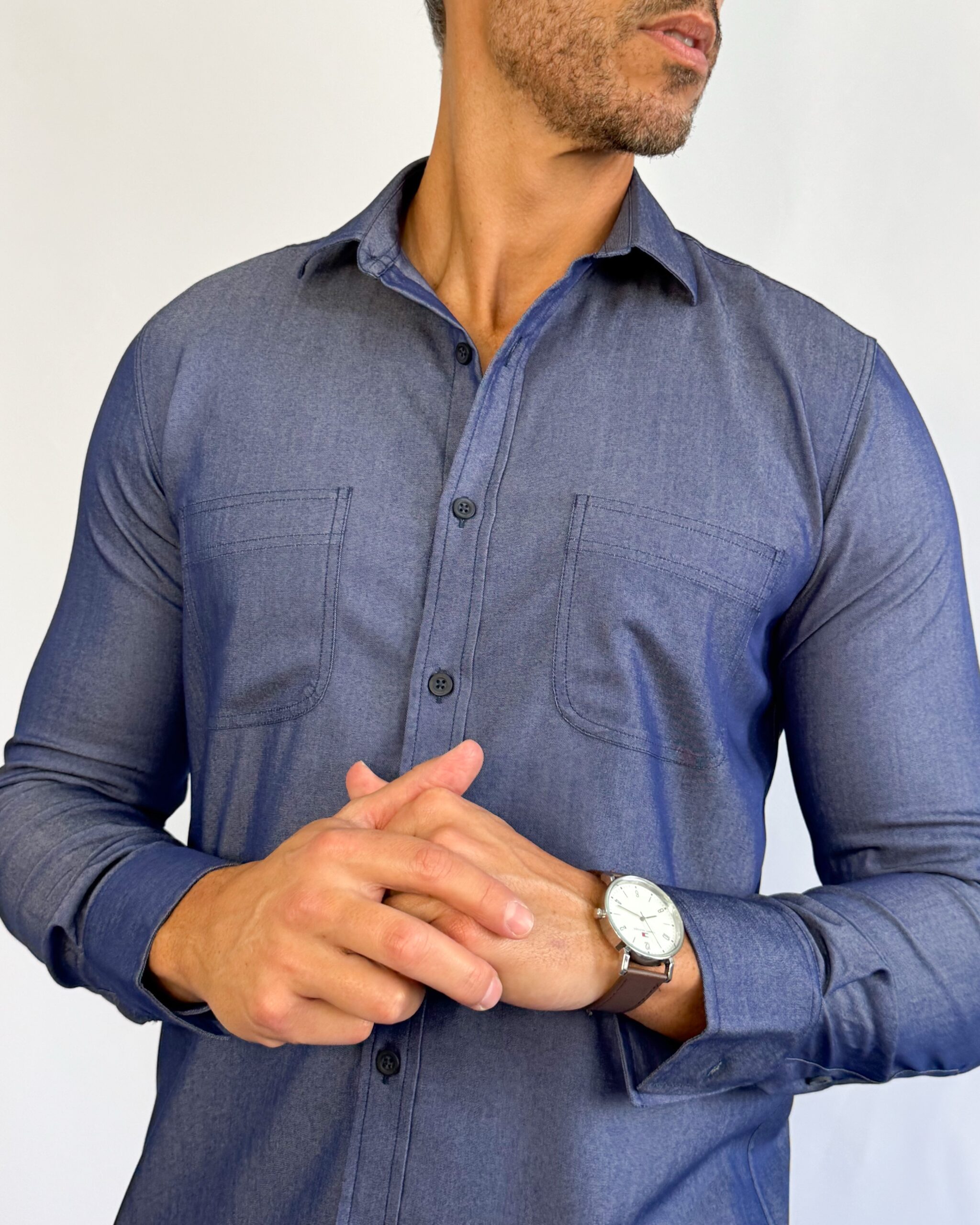 camisa jeans chambray Social Manga Longa azul índigo GF60420-Grotto Ferreira