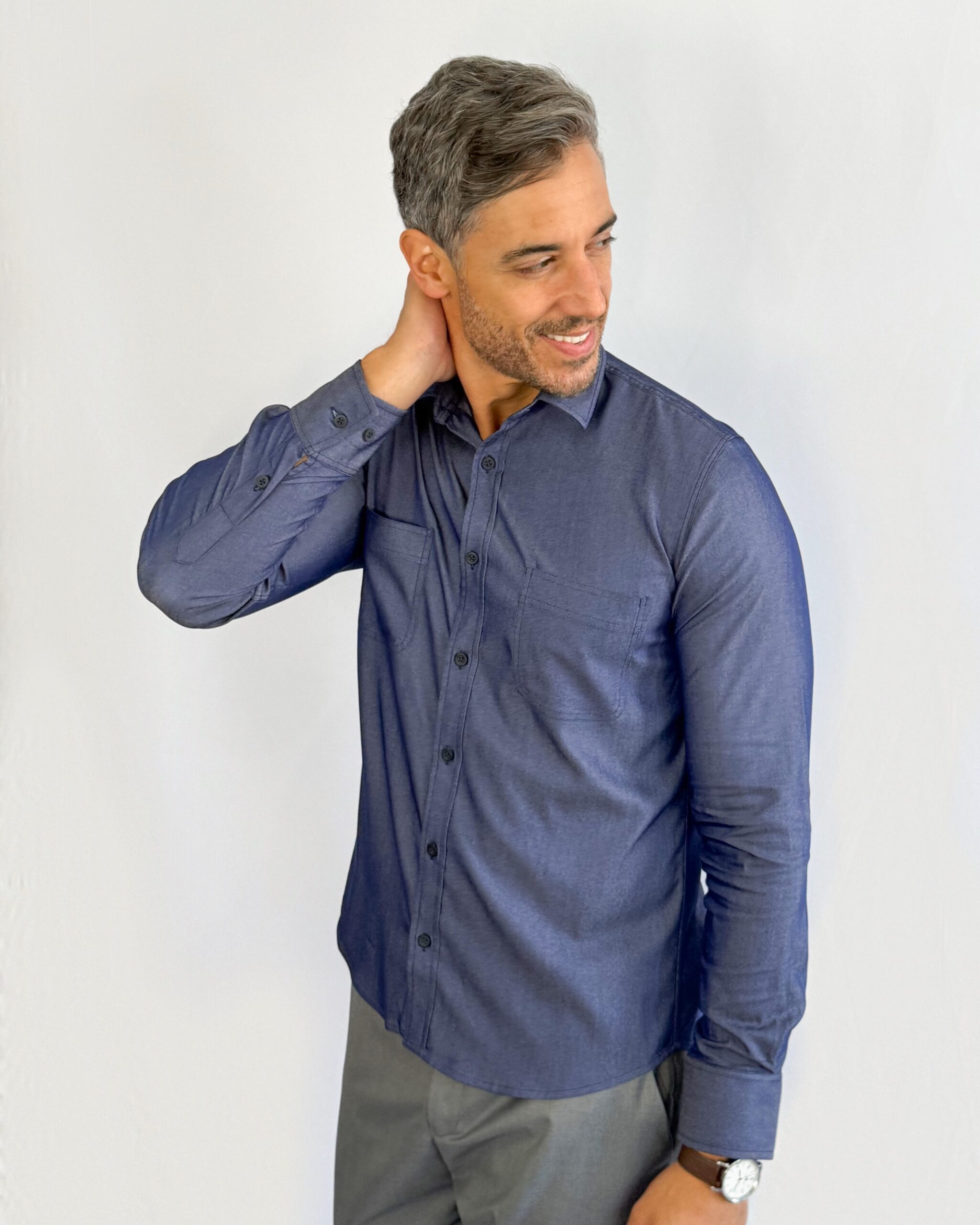 camisa jeans chambray Social Manga Longa azul índigo GF60420-Grotto Ferreira