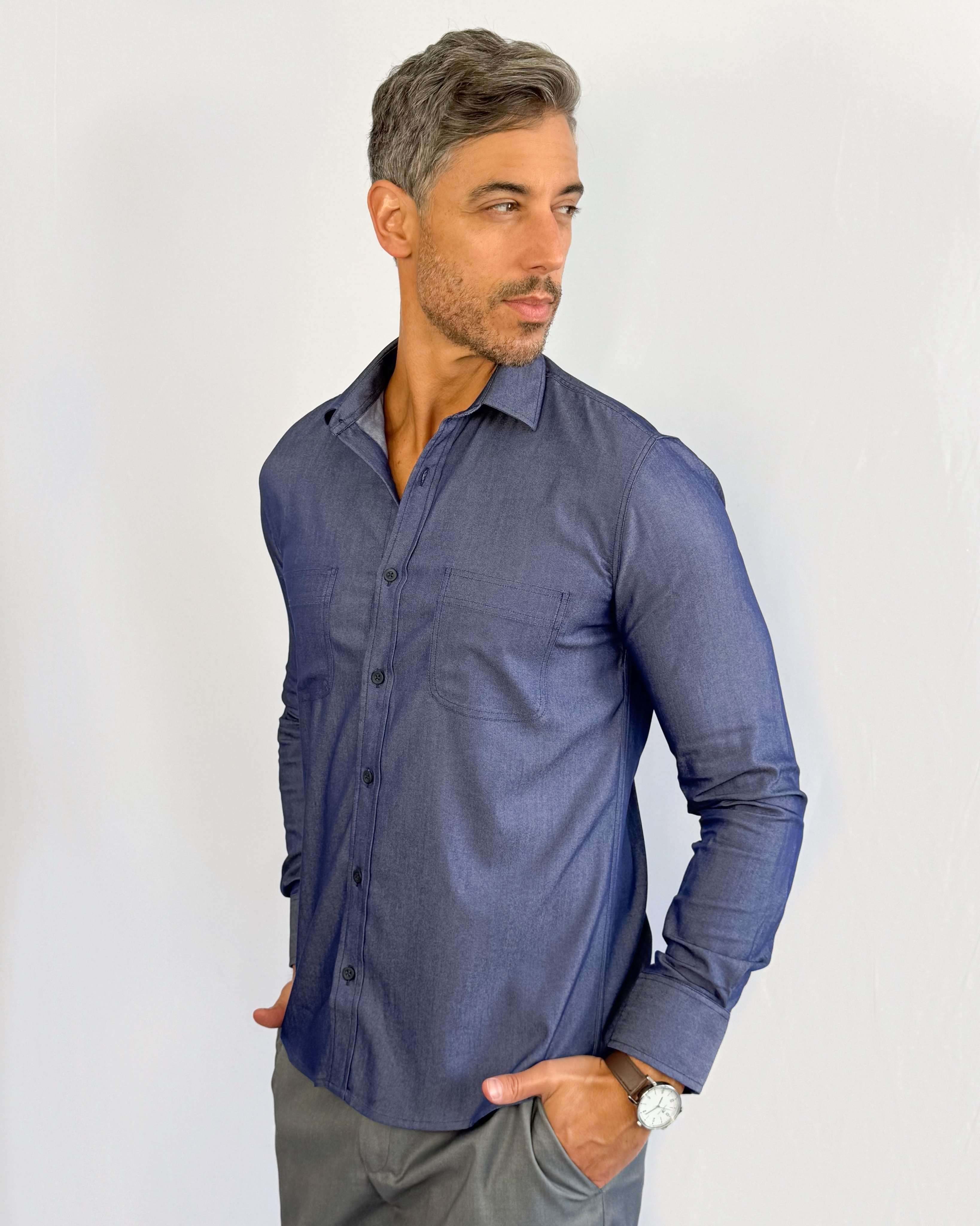 camisa jeans chambray Social Manga Longa azul índigo GF60420-Grotto Ferreira