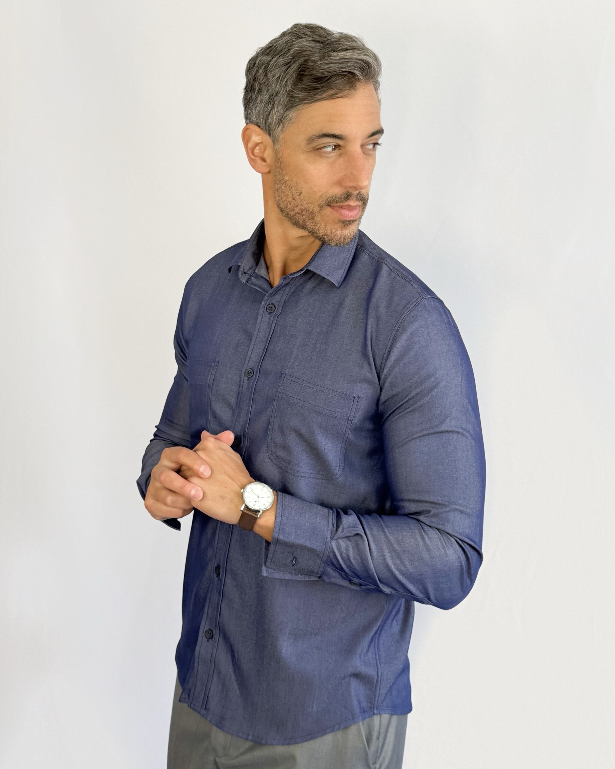 camisa jeans chambray Social Manga Longa azul índigo GF60420-Grotto Ferreira