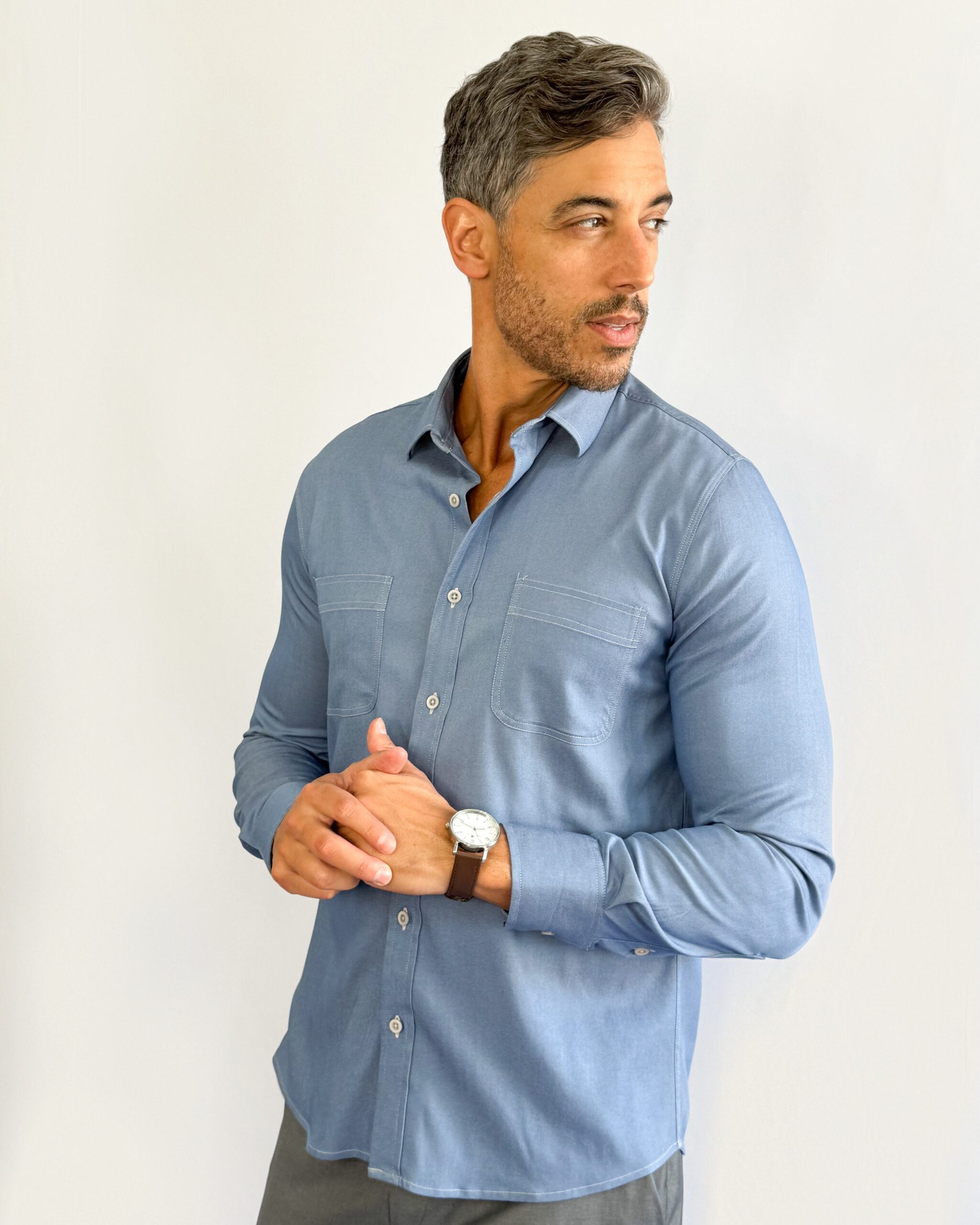 camisa jeans chambray Social Manga Longa azul ônix GF60421- Grotto Ferreira