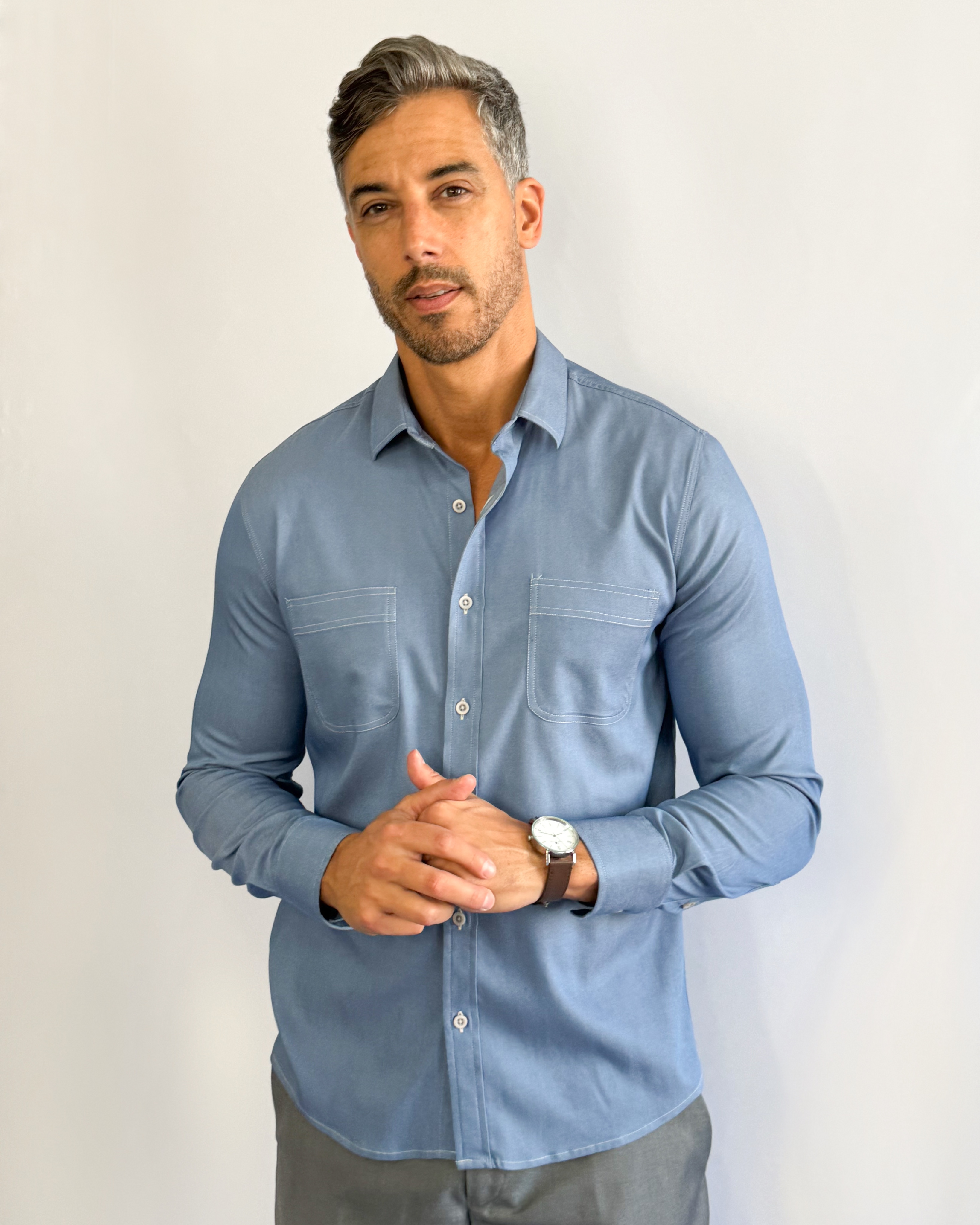 camisa jeans chambray Social Manga Longa azul ônix GF60421- Grotto Ferreira