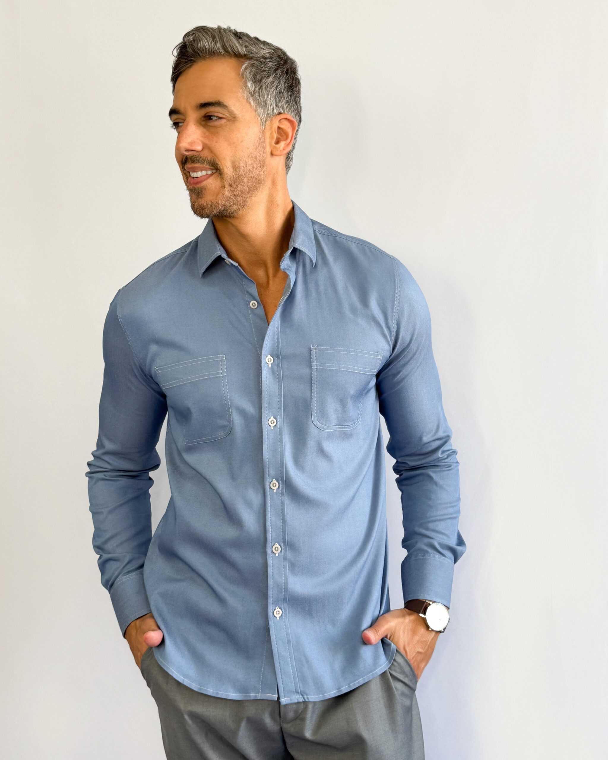camisa jeans chambray Social Manga Longa azul ônix GF60421- Grotto Ferreira